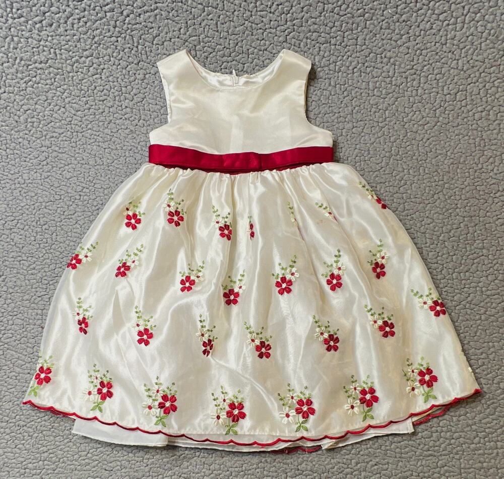 Princess Collection Girls 4T Ivory Satin Floral Embroidered Dress Red Bow Zip